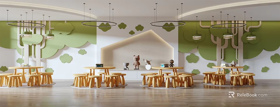 Kindergarten Interior Design With Circular Hanging Lights Green Cloud Decor And Wooden Kids Furniture 3d model 
