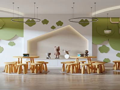 Kindergarten Interior Design With Circular Hanging Lights Green Cloud Decor And Wooden Kids Furniture 3d model