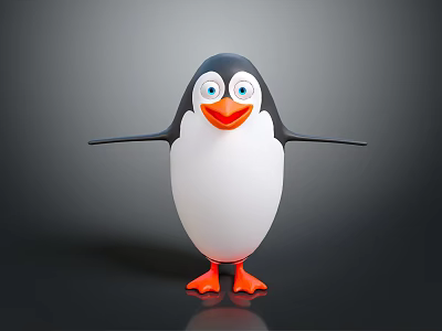 Cartoon Penguin Character With Open Arms Orange Beak Orange Feet 3D Rendered Against Gray Background 3d model