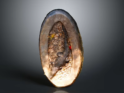Small Reptile Inside Shell Shaped Enclosure With Soil And Plant Debris 3d model