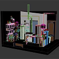 Cartoon Style Industrial Facility Interior With Pipes Blue White Tanks Control Panels And Wooden Door