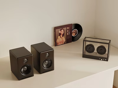 Black Bookshelf Speakers Vinyl Record With Cover And Transparent Audio Device On White Desk 3d model