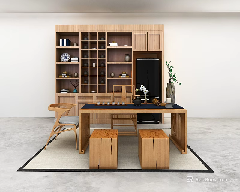 Modern Wooden Tea Table and Chairs with Cabinet Shelves Plant Decor on Concrete Floor 3d model 