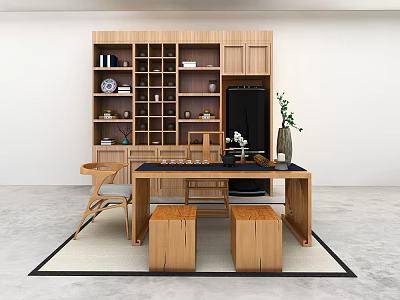 Modern Wooden Tea Table and Chairs with Cabinet Shelves Plant Decor on Concrete Floor 3d model