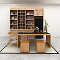 Modern Wooden Tea Table and Chairs with Cabinet Shelves Plant Decor on Concrete Floor