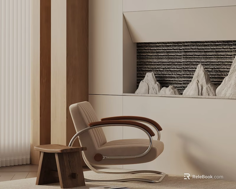 Modern Leisure Chair With Wooden Armrests And Side Table In Contemporary Interior Decor 3d model 
