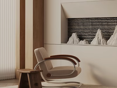Modern Leisure Chair With Wooden Armrests And Side Table In Contemporary Interior Decor 3d model