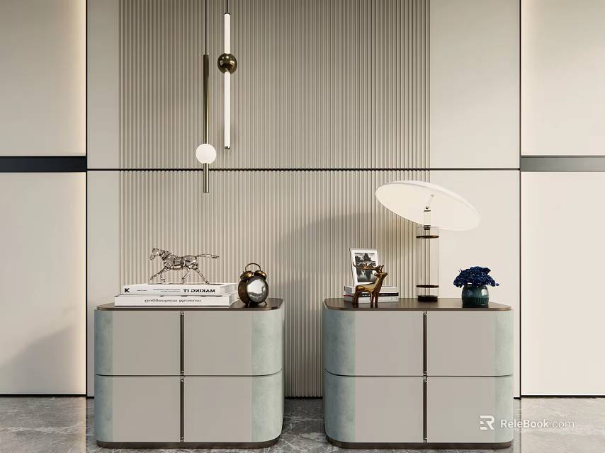 Modern Light Gray Bedside Tables With Books Clock Table Lamp Blue Flowers And Striped Wall 3d model 