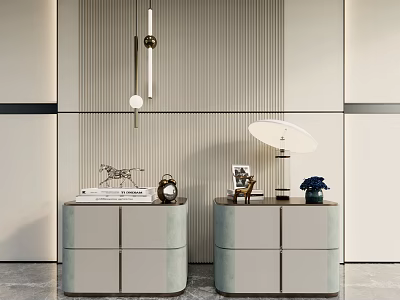 Modern Light Gray Bedside Tables With Books Clock Table Lamp Blue Flowers And Striped Wall 3d model