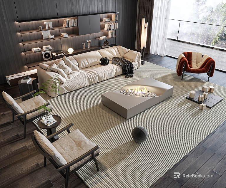 Modern Living Room Beige Sofa Coffee Table With Fire Pit And Chairs Near Bookshelves 3d model 
