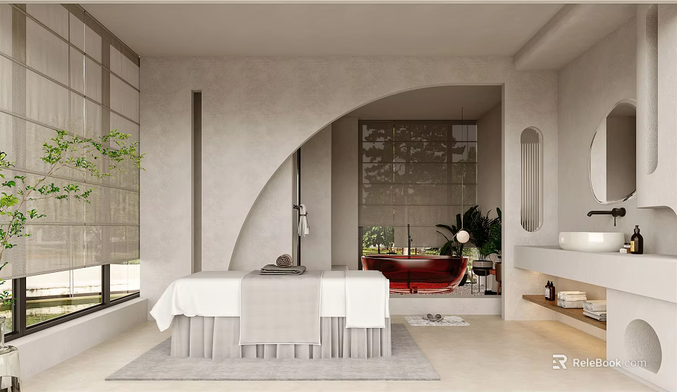 SPA Sauna Room With Massage Bed Red Bathtub Plants And Gray Walls 3d model 