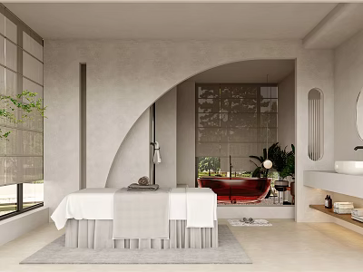 SPA Sauna Room With Massage Bed Red Bathtub Plants And Gray Walls 3d model