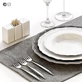 Dining Table Setting With Stacked Plates Wine Glasses Salt Pepper Shakers Utensils And Gray Placemat