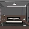 Modern Bedroom Interior Featuring Large Bed Dark Cabinets Ceiling Projector And Floor To Ceiling Windows 3d model