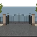 Wrought Iron Entrance Gate With Stone Pillars Lamp Posts Trees And Paved Driveway
