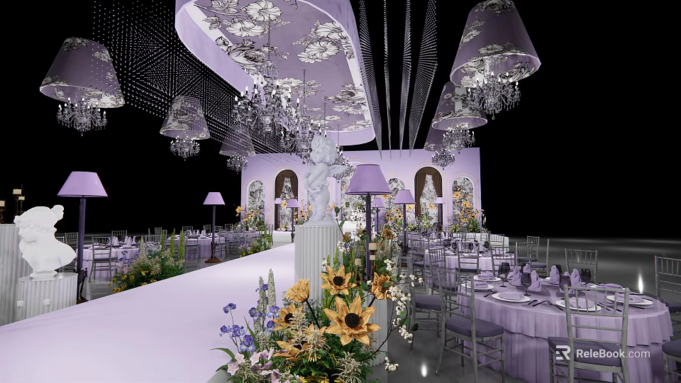 Elegant Banquet Hall Interior With Chandeliers Sunflowers White Aisle Tables And Chairs 3d model 