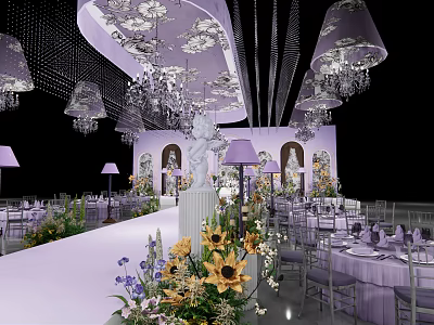 Elegant Banquet Hall Interior With Chandeliers Sunflowers White Aisle Tables And Chairs 3d model