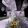 Elegant Banquet Hall Interior With Chandeliers Sunflowers White Aisle Tables And Chairs