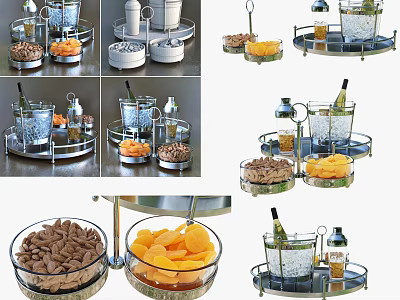 Assorted Nuts and Fresh Fruits on Metal Tray with Glass Bowls and Wine Bottle 3d model