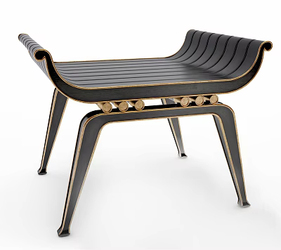 Modern Curved Footstool With Black Striped Surface And Gold Trim Metal Legs 3d model