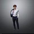 Man Wearing Light Blue Shirt Holding Suit Jacket Standing Against Gray Background