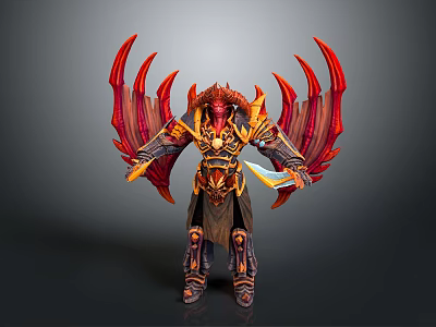 Mythical Warrior Fantasy 3D Model With Fiery Red Wings Ornate Armor And Dual Blades 3d model