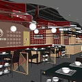 Modern Restaurant Interior With Red Decor Round Pendant Lights Long Bar Counter Tables And Chairs