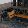Vintage Industrial Mechanical Equipment With Large Wheel Gears Metal Frame And Wooden Crates