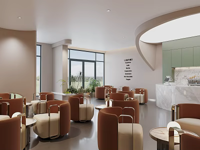 Modern Sales Office Interior With Brown Beige Chairs Round Tables Green Plants And Large Windows 3d model