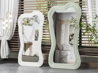 Stylish Curved Frame Mirrors In White And Light Green With Reflected Room Interior And Plants 3d model