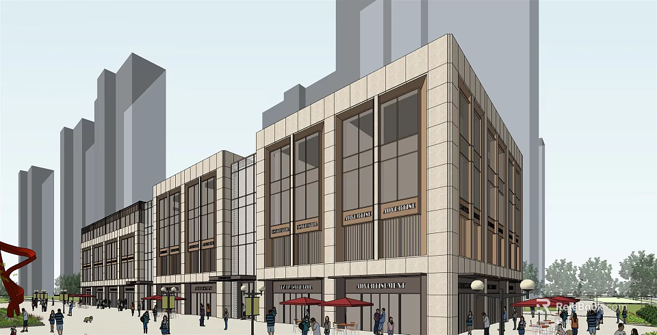 Modern Commercial Street With Glass Facade Shops Pedestrians And High Rise Buildings 3d model 