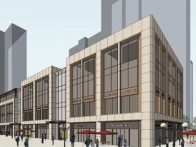 Modern Commercial Street With Glass Facade Shops Pedestrians And High Rise Buildings 3d model