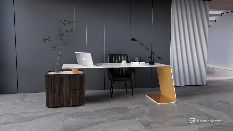 Modern White Desk Interior With Laptop Coffee Cup Table Lamp Potted Plant And Black Chair 3d model 