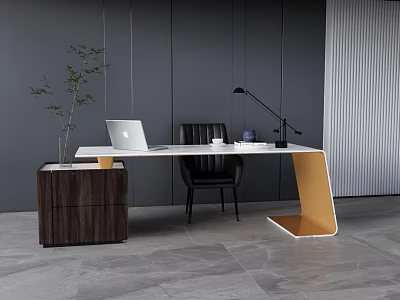 Modern White Desk Interior With Laptop Coffee Cup Table Lamp Potted Plant And Black Chair 3d model