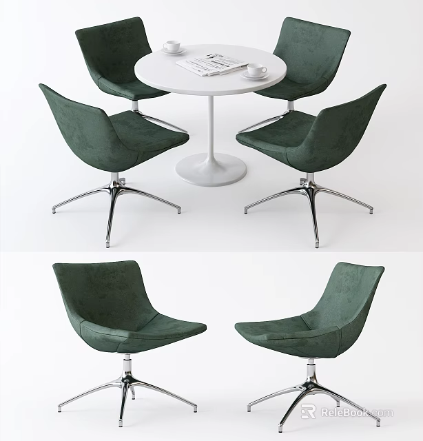 Modern Table And Chair Set With White Round Top Green Seats Metal Legs 3d model 