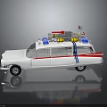White Classic Car With Red Blue Lights Yellow Storage Boxes Ladder and Red Side Stripes