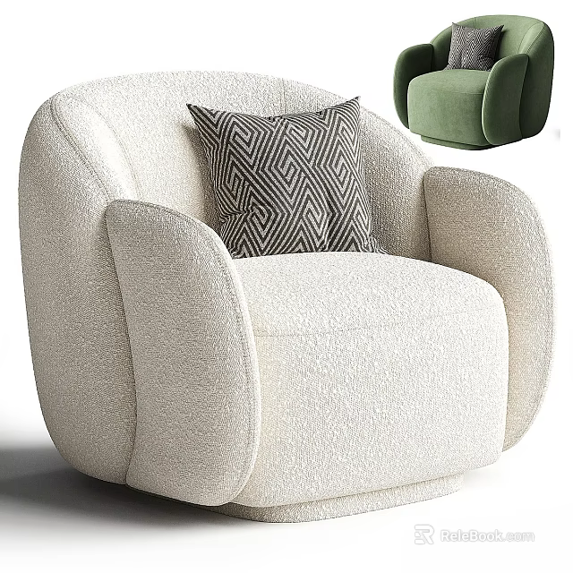 White Single Sofa In Bouclé Fabric With Rounded Armrests And Geometric Pattern Pillow 3d model 
