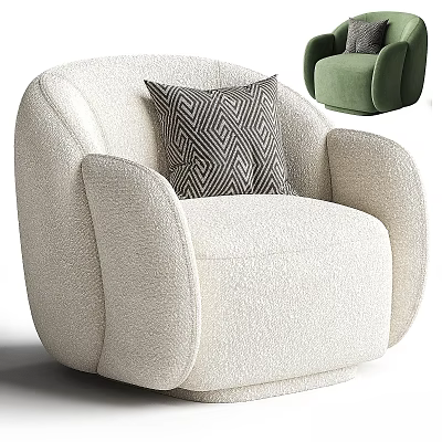 White Single Sofa In Bouclé Fabric With Rounded Armrests And Geometric Pattern Pillow 3d model