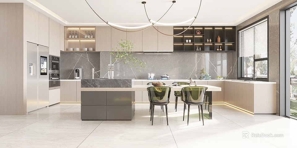 Modern Kitchen Interior With Island Counter Cabinets Pendant Lights Green Plant And Appliances 3d model 