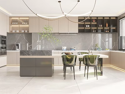 Modern Kitchen Interior With Island Counter Cabinets Pendant Lights Green Plant And Appliances 3d model