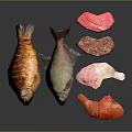 Different Animal Derived Food Products Featuring Roasted Fish Raw Fillets And Meat Cuts