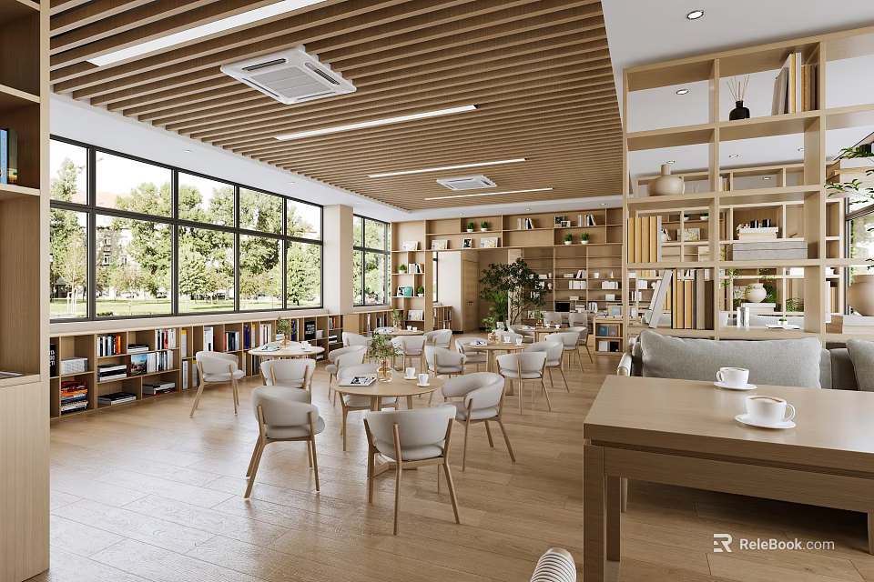 Book Art Reading Space Interior Design With Wooden Ceiling Large Windows And Bookshelves 3d model 
