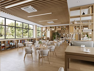 Book Art Reading Space Interior Design With Wooden Ceiling Large Windows And Bookshelves 3d model