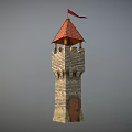 Medieval Brick Tower With Red Flag Castle Style Battlement And Wooden Door 3d model