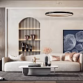 Modern Beige Sofa And White Coffee Table Set With Cushions Abstract Painting And Pendant Light