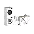 Stacked White Washing Machines with Clothes Drying Rack Iron and Hanging Clothes