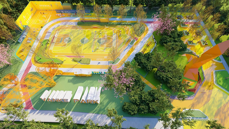 Modern Urban Park Landscape With Colorful Track Sports Field Trees Pink Flowers And Seating Areas 3d model 