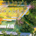 Modern Urban Park Landscape With Colorful Track Sports Field Trees Pink Flowers And Seating Areas
