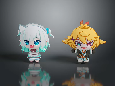 Cute Plush Cartoon Dolls With White Hair Blue Outfit And Blonde Hair Red Accessory 3d model