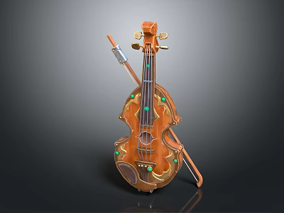 Decorative Wooden Violin Musical Instrument With Bow And Green Accents On Body 3d model